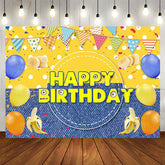 Aperturee - Aperturee Yellow Dots Denim Balloons Banana Birthday Backdrop
